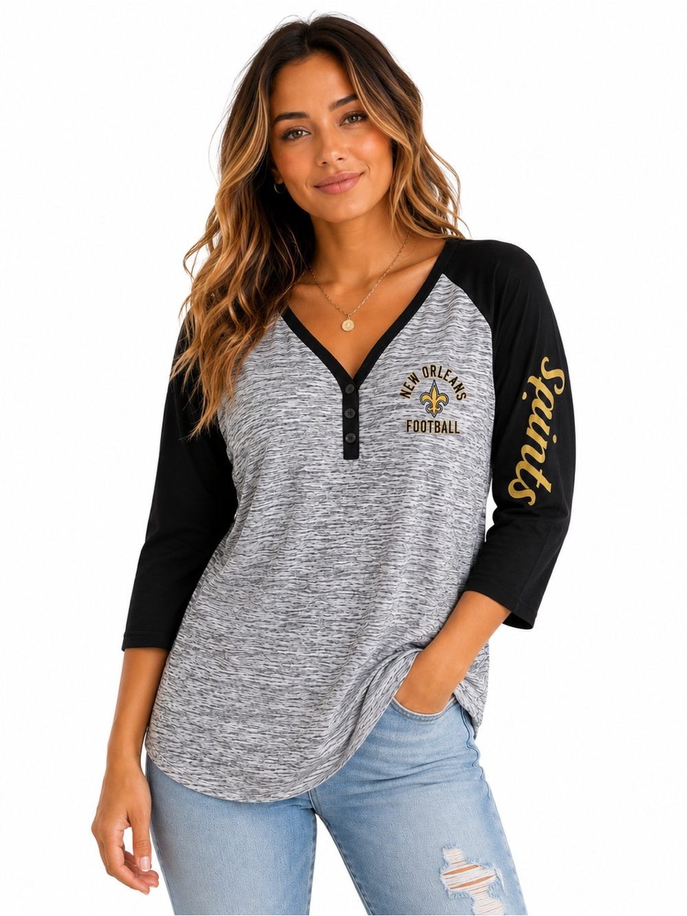 NWT New Orleans Saints Football Raglan Henley Top Gray Black Plus Size 2XL